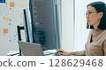 Young adult Asia female freelance eyeglasses typing write prompt AI bot IT app smart program nomad, video game, terminal with coding, user interface, designer, big data center on desktop computer. 128629468