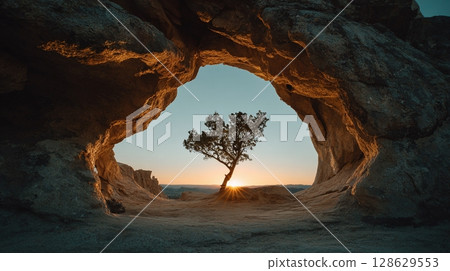 Arched rock frames a lone tree silhouetted by the setting sun, creating a peaceful desert landscape. Golden light shines through the branches. Arched rock frames a lone tree silhouetted by the setting sun, creating a peaceful desert landscape. Golden light shines through the branches. 128629553