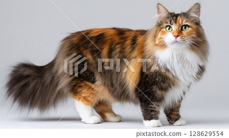 Elegant long-haired cat with captivating green eyes and a majestic fluffy tail, standing gracefully against a neutral backdrop. Pet photography at its finest. 128629554