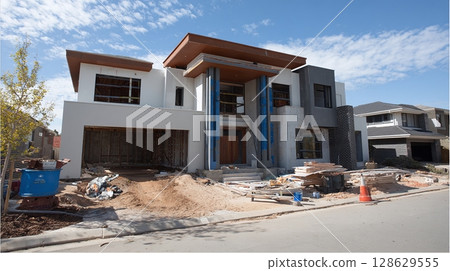 Exterior view of modern house construction. The house is white, and the entryway has a brown roof. Construction equipment is visible in the front of the house. 128629555