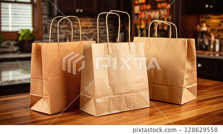 Three brown paper bags with handles stand on a wooden counter. Kitchen background. Simple, recyclable packaging. Ready for groceries or takeout. 128629558