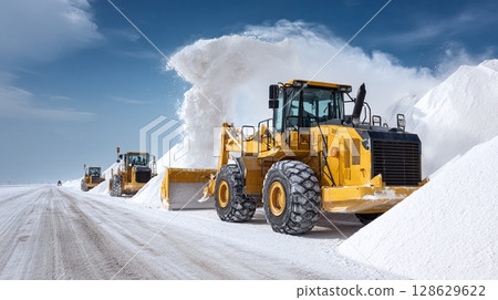 Snow Removal Team: A line of yellow front-end loaders clears a snowy road, pushing snow into large piles under a blue sky. Snow Removal Team: A line of yellow front-end loaders clears a snowy road, pushing snow into large piles under a blue sky. 128629622