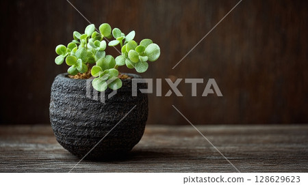A small succulent plant with vibrant green leaves sits in a textured dark pot on a rustic wooden surface against a dark brown background. 128629623