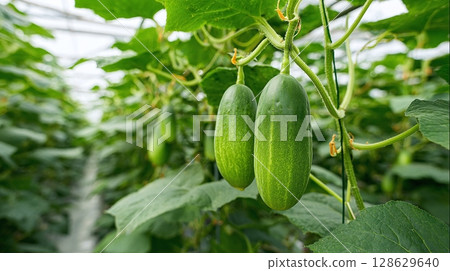 Cucumbers growing in a greenhouse. Fresh produce in a protected environment, showcasing healthy vegetable growth.  Abundant foliage and a controlled setting. 128629640