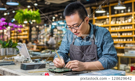 Technician repairing electronic circuit board, focusing with glasses. Repairing devices is a key aspect of the electronics industry and requires precision. 128629642
