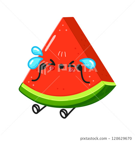 A cute cartoon watermelon slice crying with a sad expression. 128629670