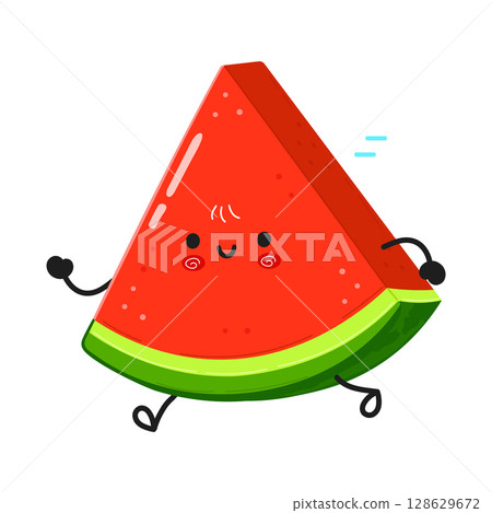 A cheerful watermelon slice cartoon character is running with a happy expression. A cheerful watermelon slice cartoon character is running with a happy expression. 128629672