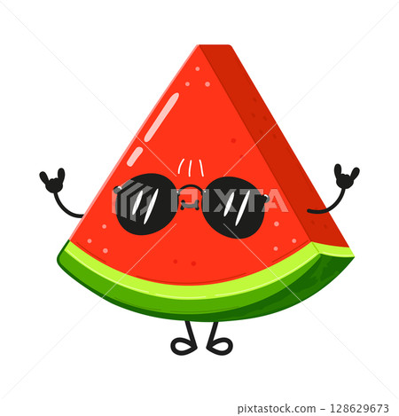 Cartoon watermelon slice with sunglasses making a rock and roll sign. 128629673