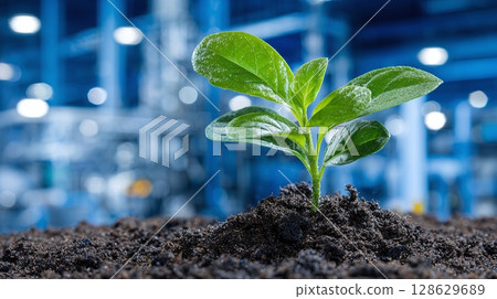 Seedling growing in soil on a factory blurred background, symbolizing sustainable growth and industry integration, blending nature with technology. Seedling growing in soil on a factory blurred background, symbolizing sustainable growth and industry integration, blending nature with technology. 128629689