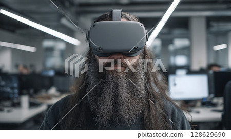 Person in VR Headset: A man with a long beard wears a virtual reality headset in a modern, brightly lit office setting, exploring digital experiences. 128629690