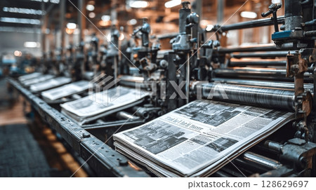Newspapers being produced on an industrial printing press. Metal machinery in an industrial setting. Manufacturing process. Mass media production. 128629697
