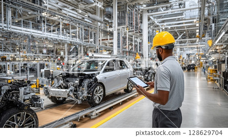 Automobile Manufacturing: Worker Inspecting Car Assembly with Tablet. Quality control in a modern car factory, emphasizing precision and technology in vehicle production. Automobile Manufacturing: Worker Inspecting Car Assembly with Tablet. Quality control in a modern car factory, emphasizing precision and technology in vehicle production. 128629704