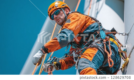 Technician inspecting wind turbine. Secured with ropes and safety gear against the blue sky, ensuring green energy reliability and safety. 128629708