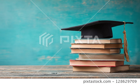 Graduation cap on books. Symbol of achievement and academic success, ideal for educational content and graduation celebration materials. 128629709