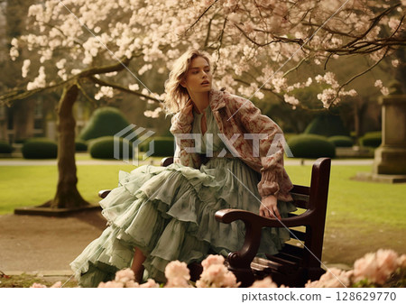 Beautiful woman sitting on bench in park wearing green fashion designer clothing.Macro.AI Generative 128629770