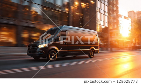 Speeding black van on city street during sunset. Delivery vehicle in motion, blurred urban background. Fast transport. 128629778