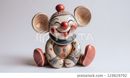 Whimsical ceramic figurine of a clown with oversized ears, sitting with a cheerful smile, showcasing intricate hand-painted details and a playful design. 128629792