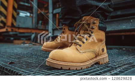 A pair of work boots provide protection and support for someone working in a hazardous environment. Worn by a tradesman, these boots are ready for anything. A pair of work boots provide protection and support for someone working in a hazardous environment. Worn by a tradesman, these boots are ready for anything. 128629828