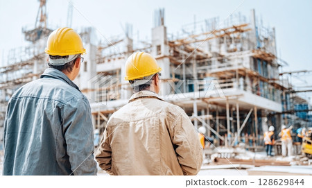 Construction workers in yellow hard hats surveying a building project. Infrastructure industry workers overseeing urban development. Teamwork. 128629844