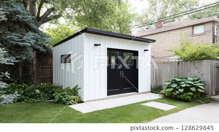Modern backyard shed with white vertical siding, black trim and double doors surrounded by lush greenery creates functional and stylish outdoor space. Modern backyard shed with white vertical siding, black trim and double doors surrounded by lush greenery creates functional and stylish outdoor space. 128629845