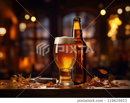 Bottle and glass of lager beer on dark autumn background with leaves.Macro.AI Generative Bottle and glass of lager beer on dark autumn background with leaves.Macro.AI Generative 128629853