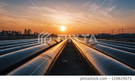 Pipes stretch into the distance as the sun sets, creating a striking visual of infrastructure and nature. The glow of the sun reflects off the metal. 128629871
