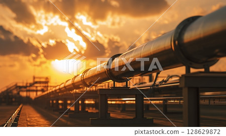 Industrial pipeline stretching into the horizon, bathed in the warm glow of the setting sun, conveying a sense of industry, infrastructure and energy. Industrial pipeline stretching into the horizon, bathed in the warm glow of the setting sun, conveying a sense of industry, infrastructure and energy. 128629872
