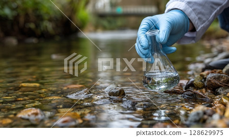 Water sample collection. Scientist wearing gloves fills flask with water from a rocky stream. Stream water analysis, environmental quality control. 128629975