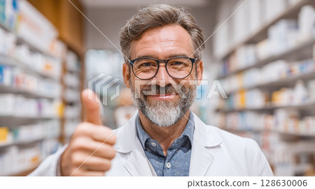 Friendly Pharmacist: A smiling man in a lab coat gives a thumbs up in a pharmacy setting. Professional healthcare with a personal touch. 128630006