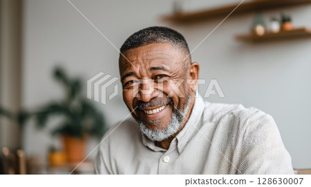 Smiling Portrait: A mature man with a salt-and-pepper beard and short haircut, radiating joy in a relaxed indoor setting, captured with a warm, inviting expression. 128630007