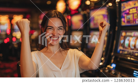 Winning moment: joyful woman celebrates victory at slot machines. Lucky spin brings excitement. A night of fortune and big smiles. Jackpot achieved! 128630013