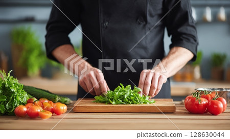 Chef preparing fresh greens for a salad, displaying culinary skill and highlighting the vibrancy of wholesome ingredients on a wooden cutting board. 128630044