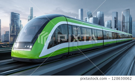 A modern green and white passenger train speeds through the city. High-speed rail offers efficient public transportation for modern urban commuting. A modern green and white passenger train speeds through the city. High-speed rail offers efficient public transportation for modern urban commuting. 128630062