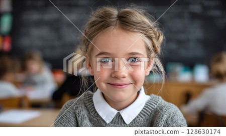 Bright-eyed student in school setting, captured in a close-up. Her kind smile radiates knowledge and joy in learning. Classroom environment with other children. Bright-eyed student in school setting, captured in a close-up. Her kind smile radiates knowledge and joy in learning. Classroom environment with other children. 128630174