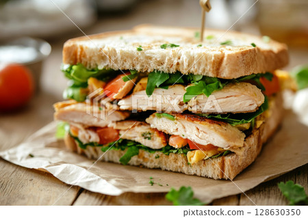 A hearty breakfast sandwich featuring layers of grilled chicken, crisp lettuce, ripe tomato, and fresh herbs nestled between slices of whole grain bread on a wooden table 128630350