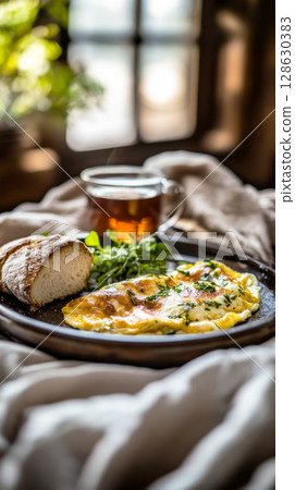 A delicious omelette garnished with herbs sits on a plate next to a steaming cup of coffee 128630383