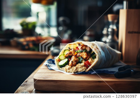 Enjoy a flavorful chicken wrap filled with grilled chicken, cucumbers, and peppers, perfectly presented on a wooden board in a cozy kitchen atmosphere at breakfast Enjoy a flavorful chicken wrap filled with grilled chicken, cucumbers, and peppers, perfectly presented on a wooden board in a cozy kitchen atmosphere at breakfast 128630397