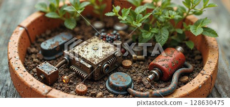 Rustic pot with plants and vintage mechanical parts 128630475