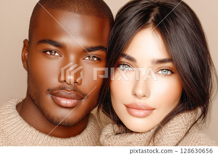 African American man and Caucasian woman smiling together in cozy sweaters with warm tones 128630656