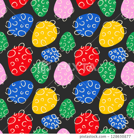 Black Easter seamless pattern with hand drawn colorful funny eggs Black Easter seamless pattern with hand drawn colorful funny eggs 128630877