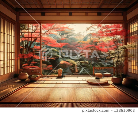 日式房間、榻榻米、花園 128630908