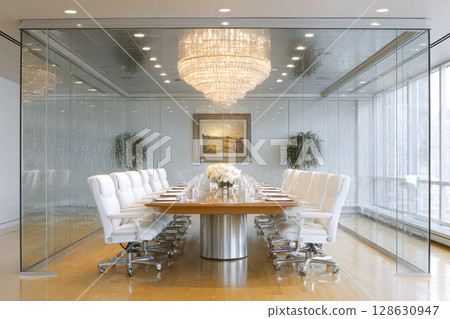 Modern conference room with elegant chandelier and stylish white chairs around a large table 128630947