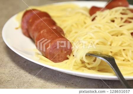spaghetti with sliced sausage and fork on white plate 128631037