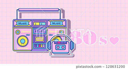 Cassette player. Retro cassette recorder. 90s style vector. 1980s trendy illustration. Nostalgia for the 90s.Vector illustration . 128631200