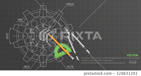 Educational drawing education.Technical black background.Gear background.Vector illustration . 128631201