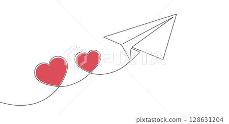 Lovers hearts.Paper airplane is flying.One line drawing.Vector illustration . Lovers hearts.Paper airplane is flying.One line drawing.Vector illustration . 128631204
