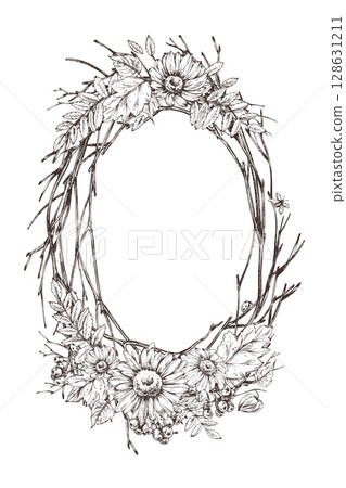 Tall oval floral wreath drawn in hand drawn line art style with delicate wildflowers, berries, and autumn foliage. Ideal for cards, labels, invitations, or natural branding. Tall oval floral wreath drawn in hand drawn line art style with delicate wildflowers, berries, and autumn foliage. Ideal for cards, labels, invitations, or natural branding. 128631211