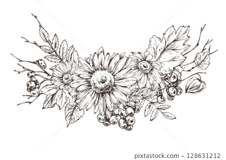 Symmetrical horizontal floral composition with autumn wildflowers, leaves, and berries. Elegant hand drawn line art illustration suitable for headers, packaging, and decoration. Symmetrical horizontal floral composition with autumn wildflowers, leaves, and berries. Elegant hand drawn line art illustration suitable for headers, packaging, and decoration. 128631212