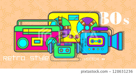Vintage Audio recorder and player.Nostalgia for the 90s.Set of retro technics.Vector illustration . 128631236