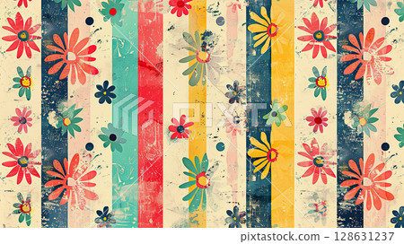 Vintage floral pattern with colorful stripes and distressed texture. 128631237